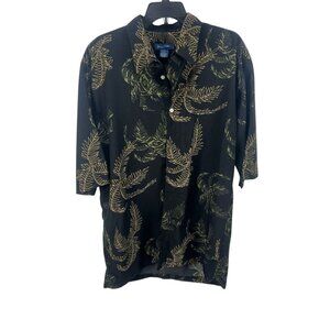 George Martin Men Leaf Print Button-Up Shirt Large Black Gold Relaxed Fit Casual